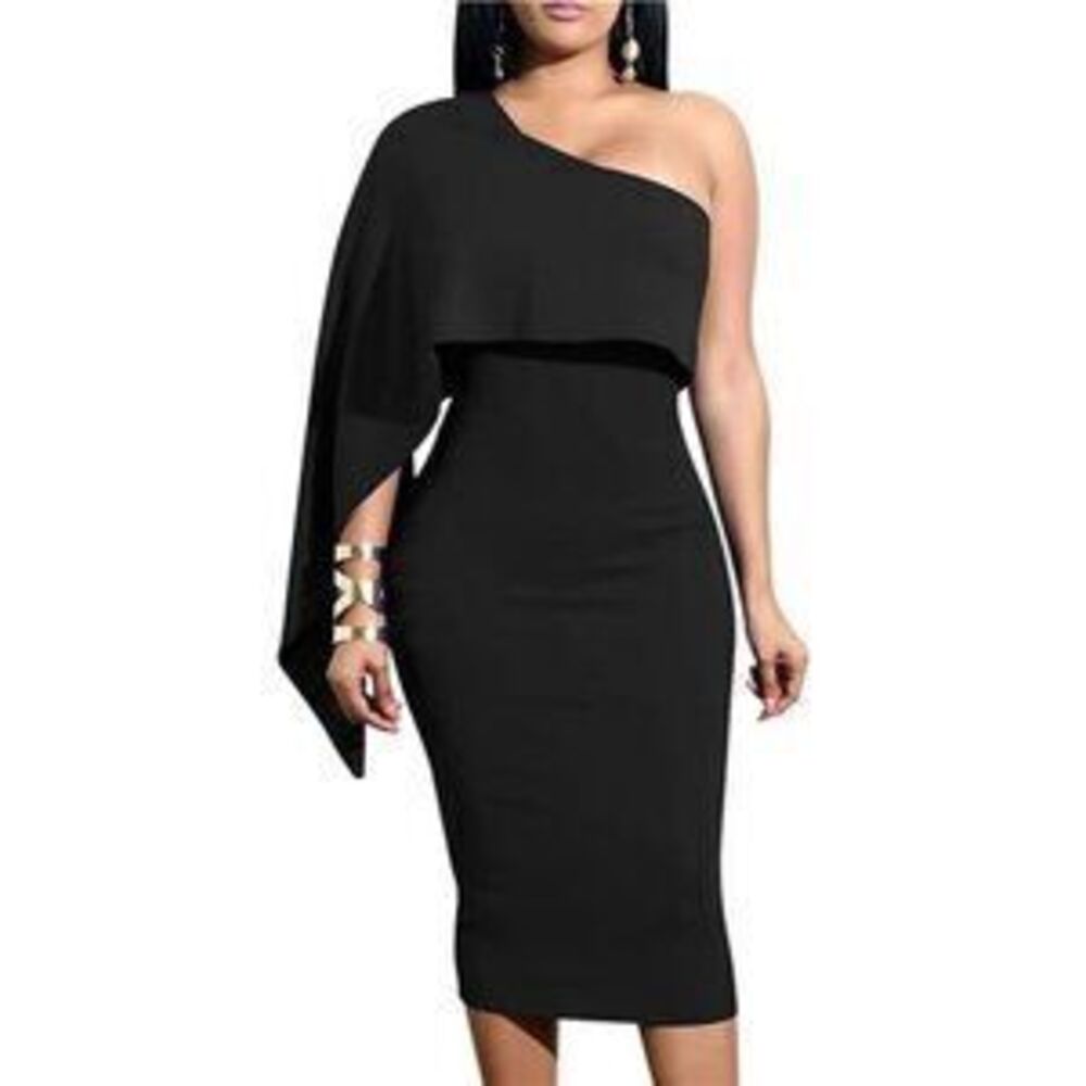Women's One Shoulder Ruffle Bodycon Midi Cocktail Dress, Black